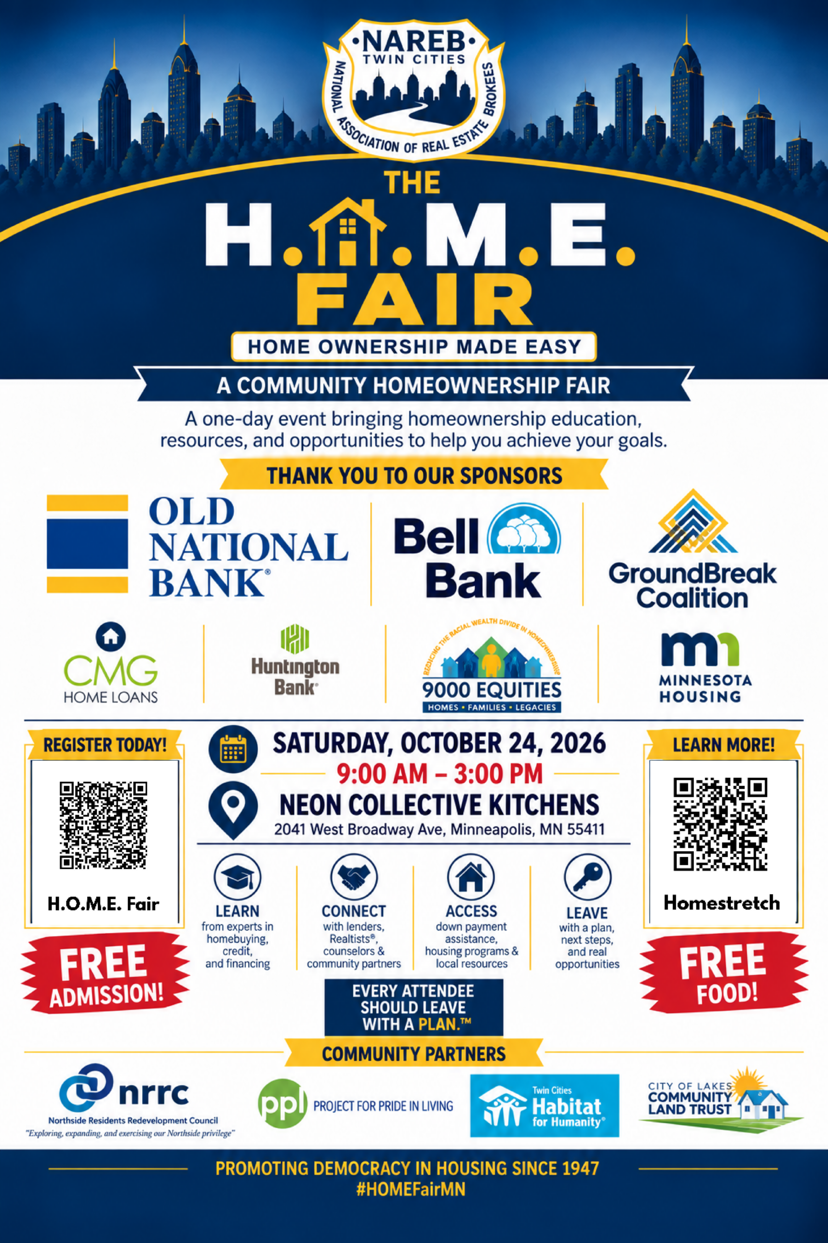 The H.O.M.E. Fair flyer: Saturday, October 24, 2026, 9:00 AM to 3:00 PM at NEON Collective Kitchens, 2041 West Broadway Ave, Minneapolis. Free admission and free food. Presented by NAREB Twin Cities.